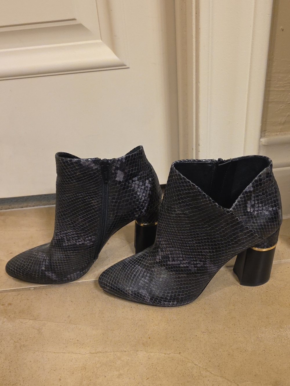 ANTONIO MELANI Black Snake-Embossed Ankle Booties with Gold Accent